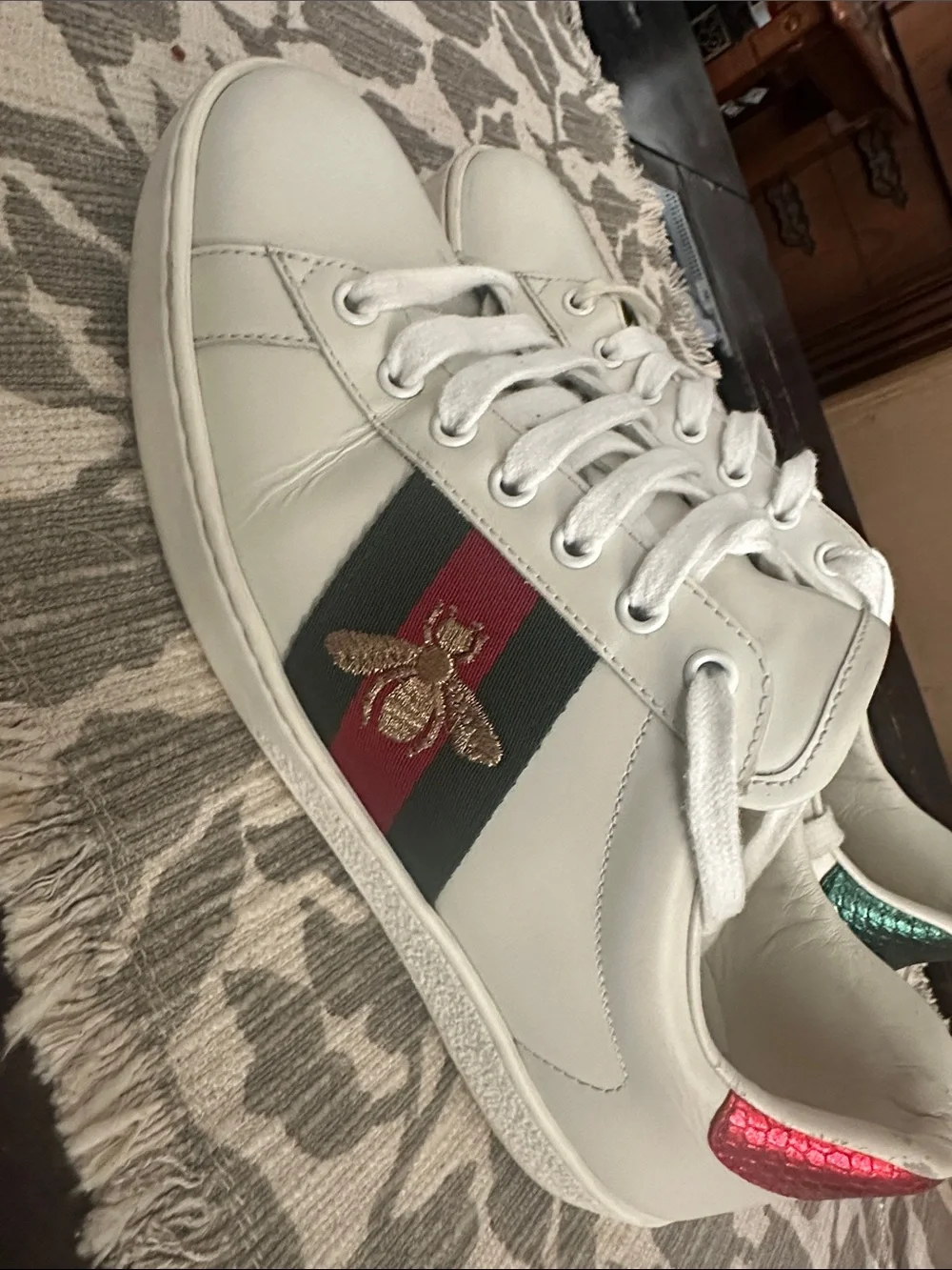 Gucci White Leather Sneakers with Green & Red Web and Gold Bee